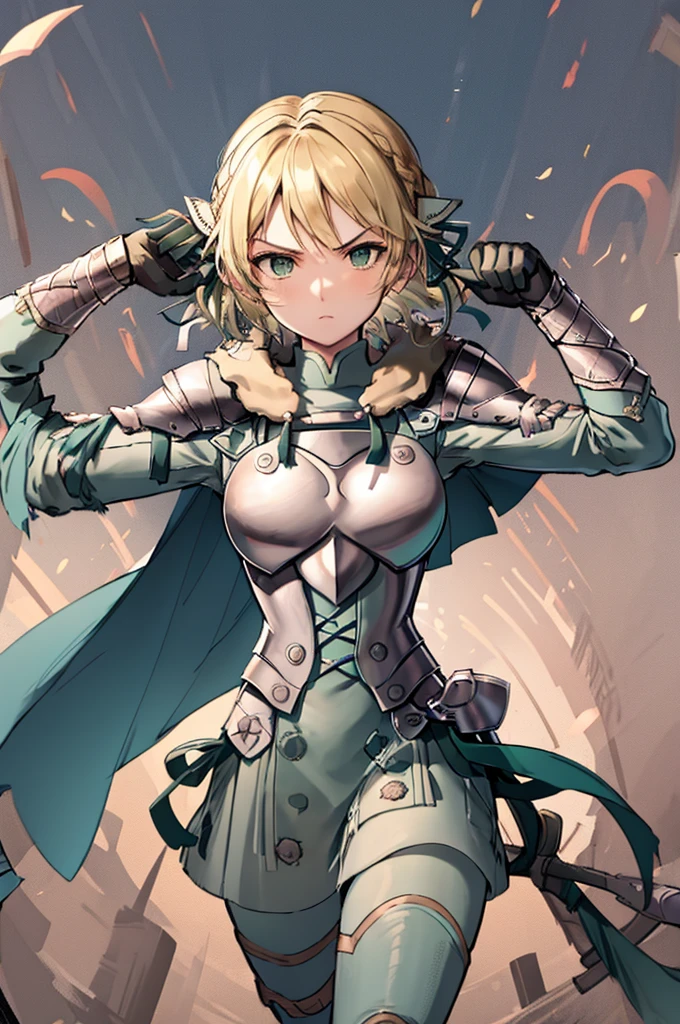 masterpiece, best quality,  waringrid, short hair, hair ribbons, shoulder armor, armor, breastplate, underbust, green coat, fur trim, vambraces, blue gloves, green skirt, white pants, green cape, standing, furrowed brow, serious, holding a spear with both hands, long spear, holding a lance with both hands, combat pose, ready for combat