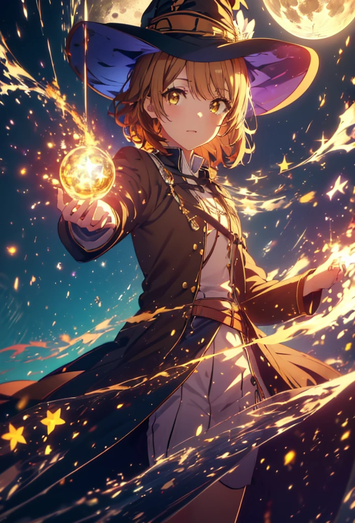 Irohaisshiki, isshiki iroha, short hair, Brown Hair, (Brown eyes:1.5), smile,((Night Sky)),((Big full moon)),((Sparkling and colorful stars)),Fluffy hair,((Idol style costume with soft volume)),Long skirt,((gorgeous wizard hat)),((witch)),(magic wand with a jewel on the tip),Explosive Flame,
break outdoors, forest,forest
break looking at viewer,Upper Body,
break (masterpiece:1.2), Highest quality, High resolution, unity 8k wallpaper, (shape:0.8), (Narrow and beautiful eyes:1.6), Highly detailed face, Perfect lighting, Extremely detailed CG, (Perfect hands, Perfect Anatomy),