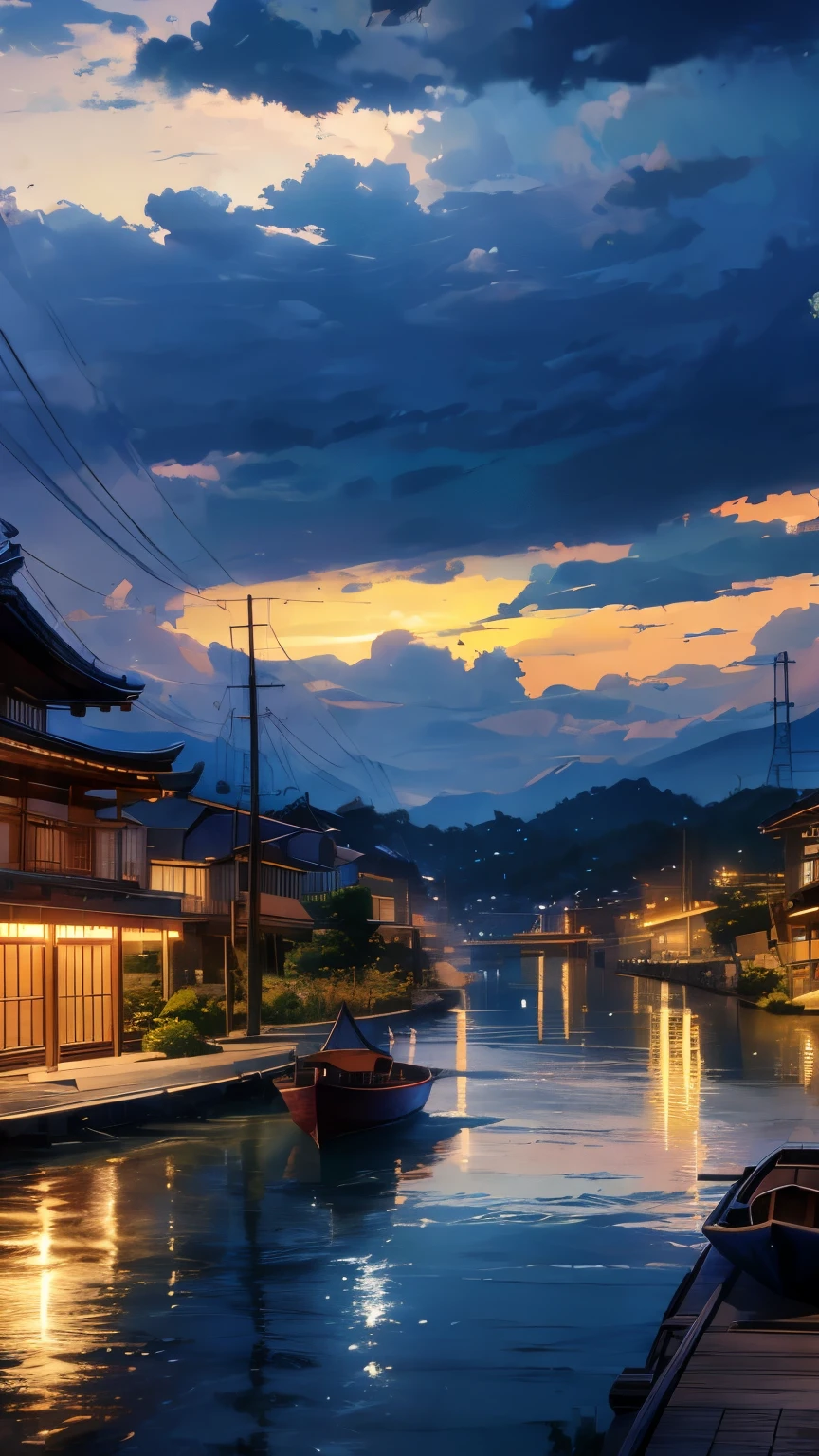 Es gibt ein Bild einer Stadt mit einem Hafen und einem Boot, Kyoto-Animation noch, HD-Anime-Stadtbild, style of Makoto Shinkai, Screenshot aus einem Anime aus den 2012er Jahren, Hafenszenenhintergrund, Screenshot aus dem Anime Guro, Makoto Shinkai. —h 2160, Anime-Landschaft, Screenshot aus dem Anime-Film, Makoto Shinkai!(Brokeh-Effekt)