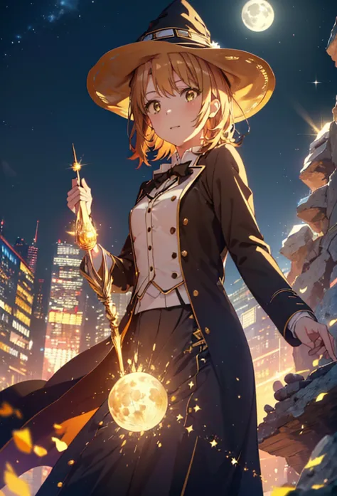 irohaisshiki, isshiki iroha, short hair, brown hair, (brown eyes:1.5), smile,((night sky)),((big full moon)),((sparkling and col...