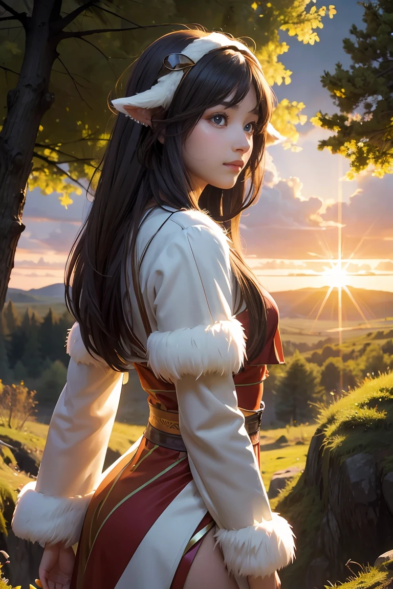 ((masterpiece, best quality, extremely detailed), volumetric lighting, ambient occlusion, colorful, glowing), 
1girl, solo, young girl, (dark hair), long hair, caveman style, cavewoman costume, animal fur, animal hide costume, over body outfits,
forest,  sunset, sky, clouds, trees, 