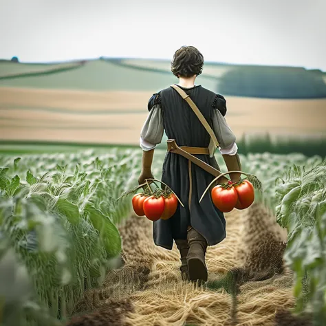 back view of black hair boy with medieval farmer outfit walking in the wheatfield, holding tomato bucket. 