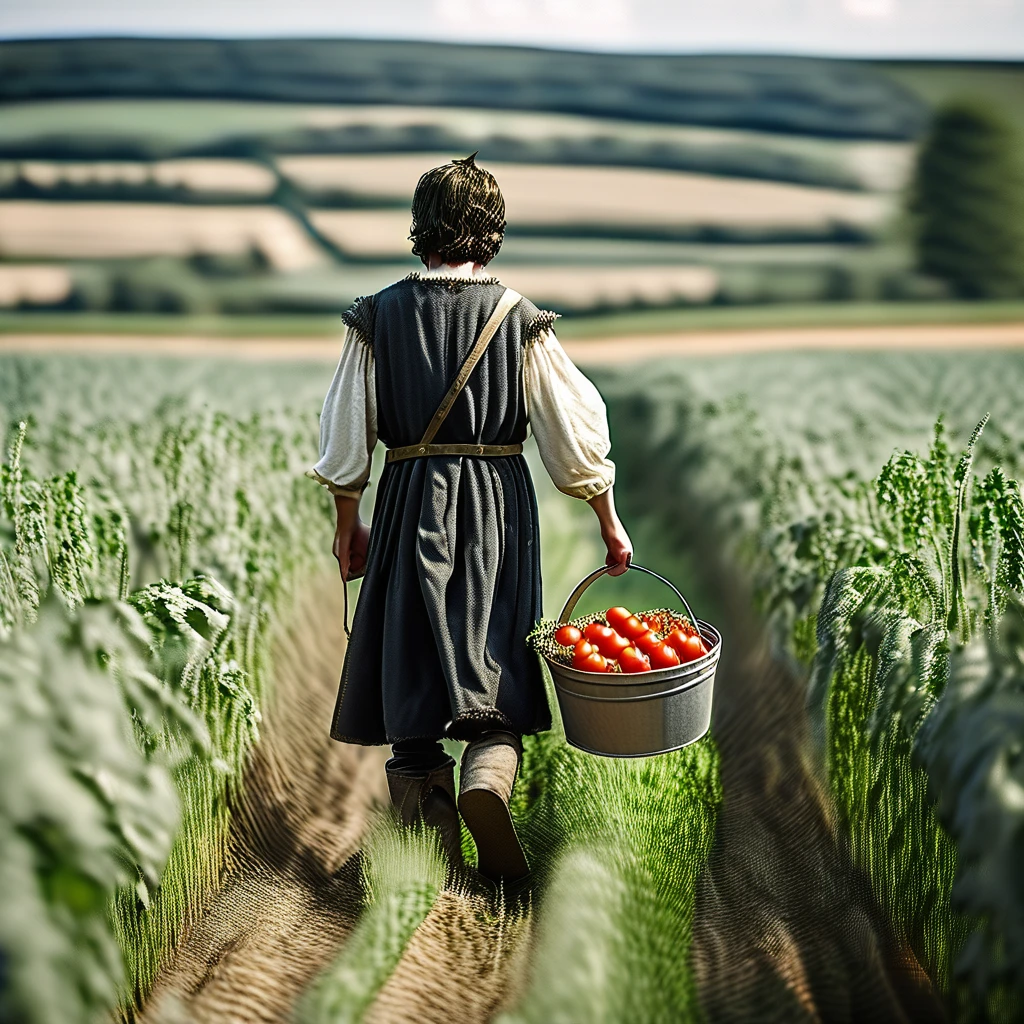 Rückansicht eines Jungen mit schwarzen Haaren und mittelalterlichem Bauernoutfit, der im Weizenfeld spaziert, Tomaten Eimer halten. 