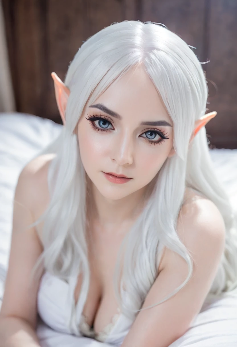  , Frieren and the Journey to the Afterlife, , cosplay, free, inside the room on the bed , with white hair with elf circles under her eyes 