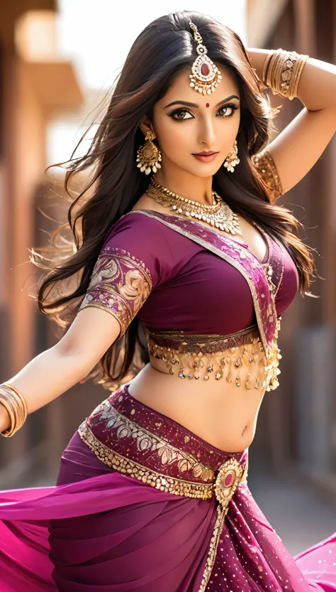 Indian woman dancing belly dance, Very attractive and mature young woman, She captivates the audience in her seductive saree., B...