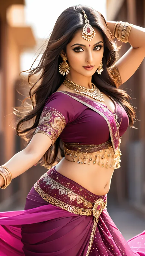 indian woman dancing belly dance, very attractive and mature young woman, she captivates the audience in her seductive saree., b...