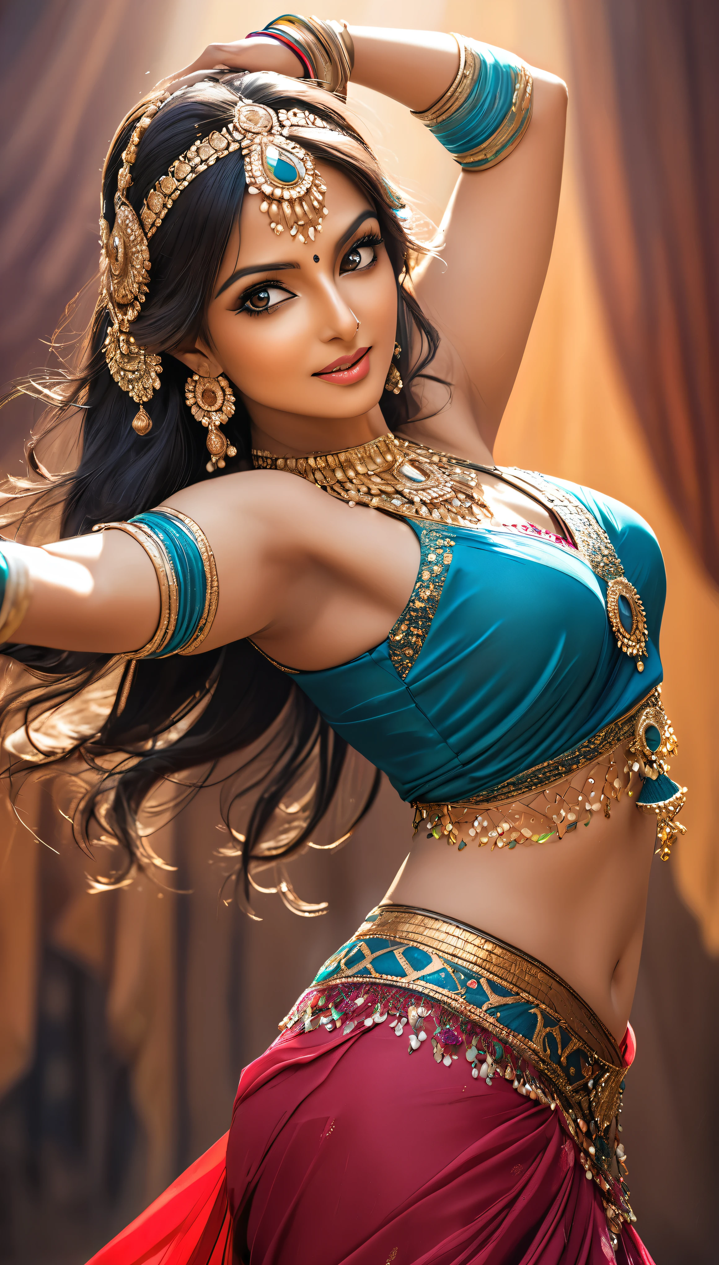 Indian woman dancing belly dance, Very attractive and mature young woman, She captivates the audience in her seductive saree., BEAK Photo, Detailed and glossy skin texture, 