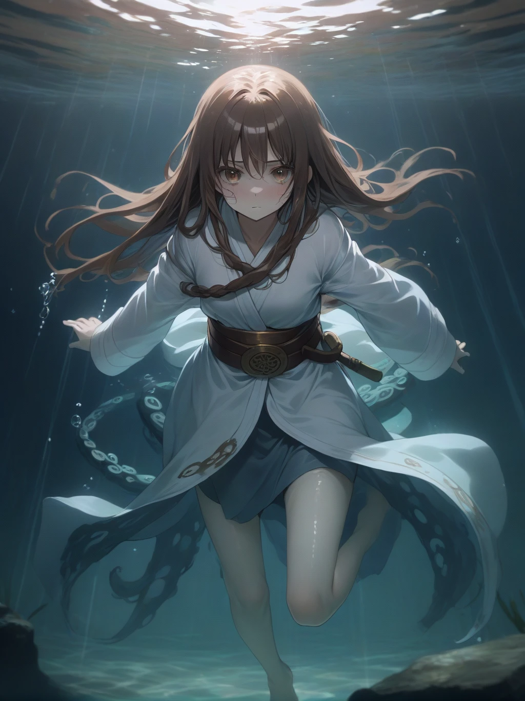 ８age、girl、Partially underwater,最high quality,high quality, 幼いgirl, Long Hair, Brown Hair, Wet Hair, Flat Chest,Dark underground labyrinth,No light,Cloth armor,Equipped with a dagger and a shield,Face above water,Body in water, Underwater Photography,The robe rolls up due to buoyancy,Painful face、My leg is pulled by tentacles、Being dragged into the water、Go wild