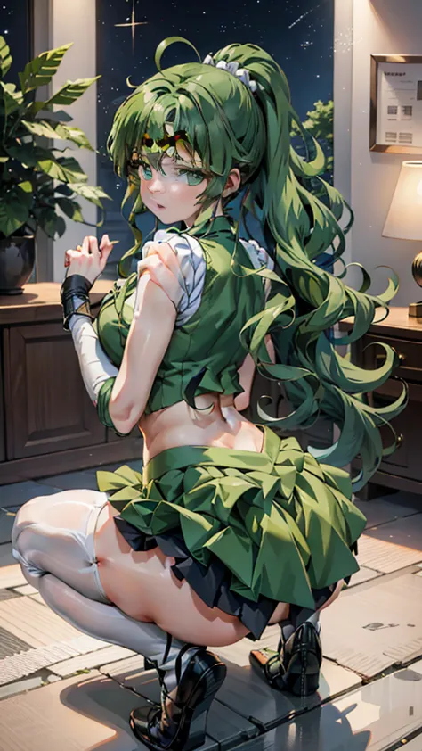 Anime Girlsセーラー戦士。White panties、Beautiful Faces、Beautiful thighs、 with green hair and green stockings posing on a bed, seductive...