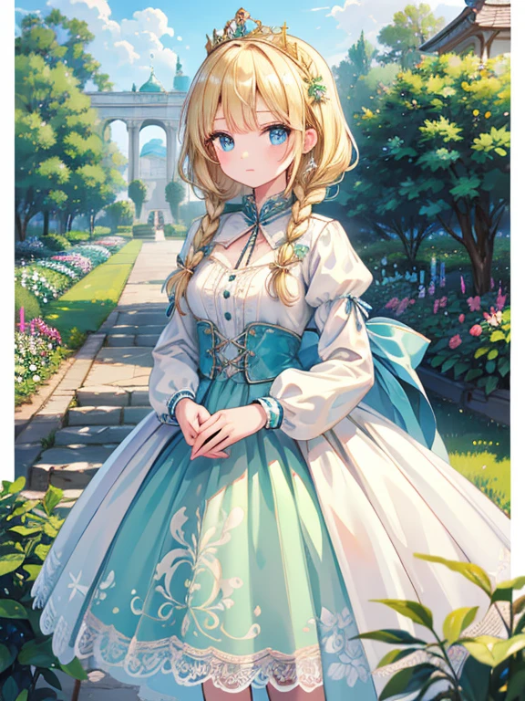 masterpiece, Highest quality, Very detailed, 16K, Ultra-high resolution, Cowboy Shot, Detailed face, Perfect Fingers, 1 female, 14 years old, blue eyes, blonde, Braiding, royal palace, garden, hjy, a green and white dress with a bird on it