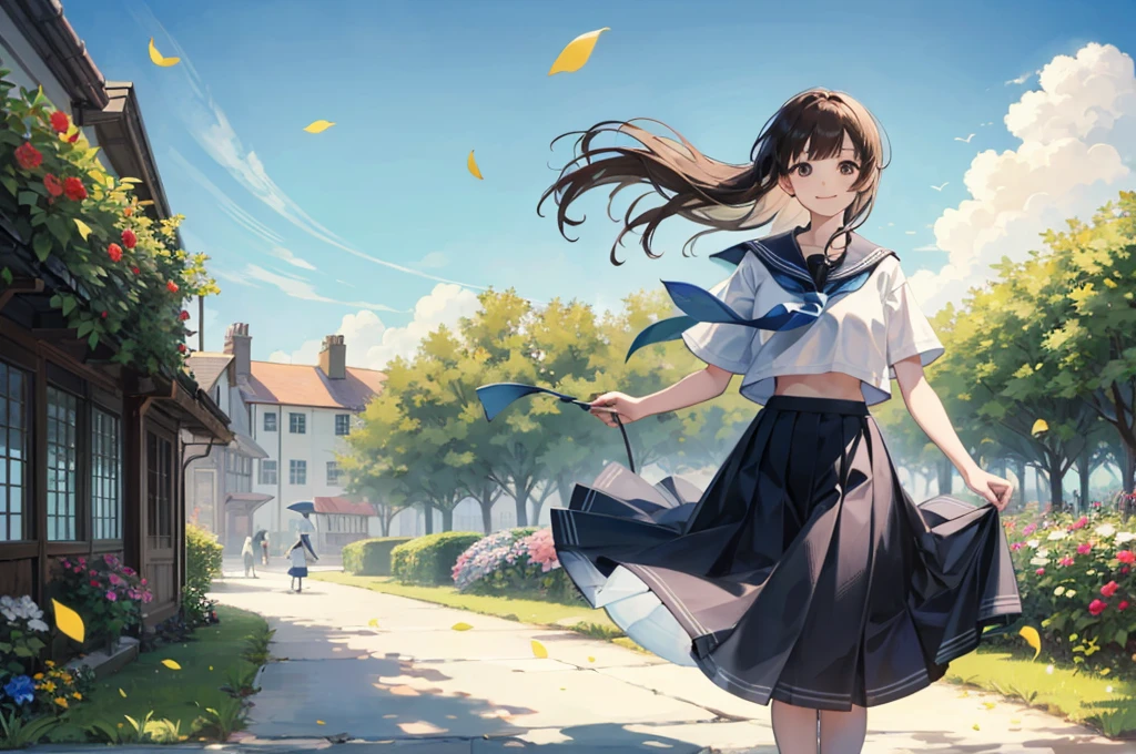 (masterpiece),  town,  blue sky,  One Girl,  smile,  alone,  Sailor suit、Long skirt,  Overgrown,  petal,  plant、Skirt lining、Translucent slip、Nostalgic、Strong winds、Skirt fluttering in the wind