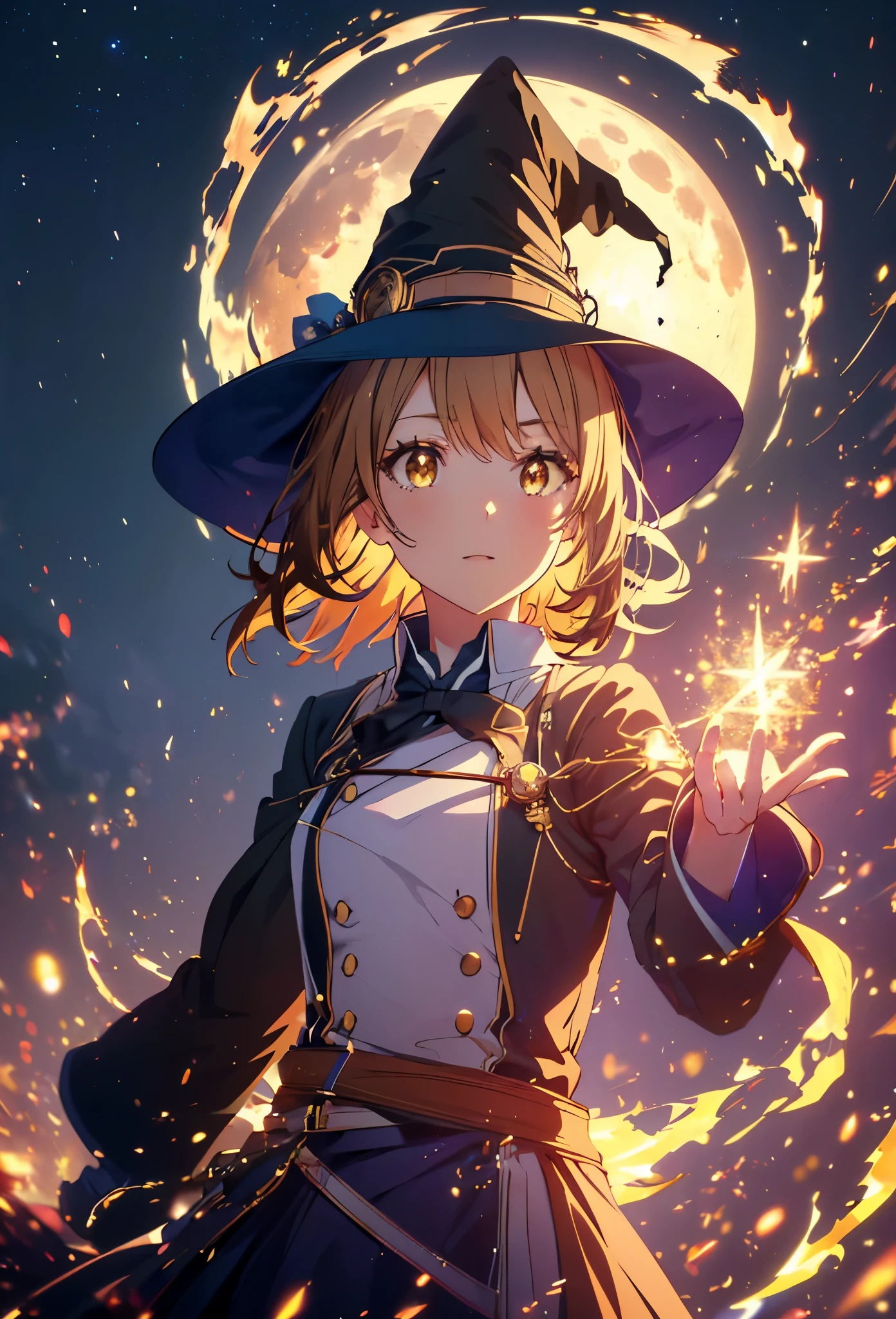 Irohaisshiki, isshiki iroha, short hair, Brown Hair, (Brown eyes:1.5), smile,((Night Sky)),((Big full moon)),((Sparkling and colorful stars)),Fluffy hair,((Idol style costume with soft volume)),Long skirt,((gorgeous wizard hat)),((witch)),(magic wand with a jewel on the tip),Explosive Flame,
break outdoors, forest,forest
break looking at viewer,Upper Body,
break (masterpiece:1.2), Highest quality, High resolution, unity 8k wallpaper, (shape:0.8), (Narrow and beautiful eyes:1.6), Highly detailed face, Perfect lighting, Extremely detailed CG, (Perfect hands, Perfect Anatomy),