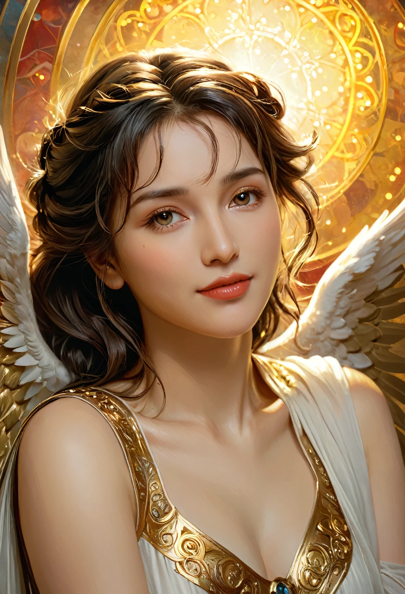 (best quality,4k,8k,highres,masterpiece:1.2), ultra-detailed, (realistic,photorealistic,photo-realistic:1.37),Close-up portrait of the most beautiful angel in the universe, D & D, face, Fantasy, complicated, elegant, Very detailed, Digital Painting, Art Station, Concept Art, Smooth, Sharp focus, figure, ArtJam, Greg Rutkowski, Art by Alphonse Mucha, sexy, golden eyes, (winking at viewers:1.5)