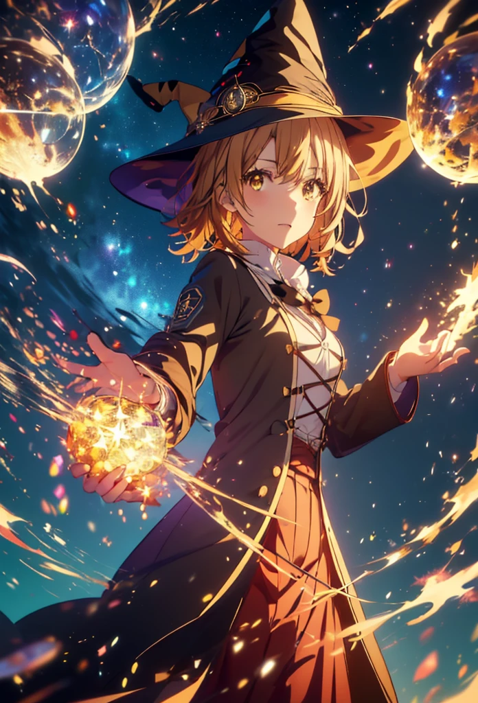 Irohaisshiki, isshiki iroha, short hair, Brown Hair, (Brown eyes:1.5), smile,((Night Sky)),((Big full moon)),((Sparkling and colorful stars)),Fluffy hair,((Idol style costume with soft volume)),Long skirt,((gorgeous wizard hat)),((witch)),(magic wand with a jewel on the tip),Explosive Flame,
break outdoors, forest,forest
break looking at viewer,Upper Body,
break (masterpiece:1.2), Highest quality, High resolution, unity 8k wallpaper, (shape:0.8), (Narrow and beautiful eyes:1.6), Highly detailed face, Perfect lighting, Extremely detailed CG, (Perfect hands, Perfect Anatomy),