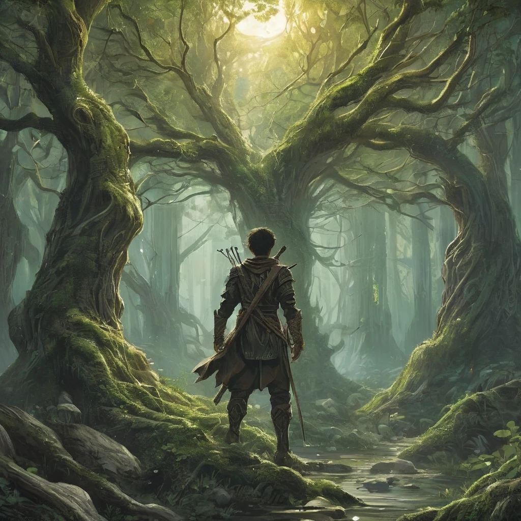 As twilight descends upon the ancient forest of Eldergrove, a young boy navigates the winding paths between towering oak trees and gnarled roots. His short, curly brown hair catches glimpses of fading sunlight filtering through the dense canopy above, casting dappled patterns on his weathered brown tunic and trousers.

The boy, a shepherd's son accustomed to the rhythm of life among the fields and pastures, now finds himself amidst the haunting quiet of the forest. His worn leather boots crunch softly on fallen leaves and moss-covered stones as he moves deeper into the realm where legends and whispers intertwine.

A wooden staff, carved with runes of protection and crowned with a polished amber stone, is clutched firmly in his hand—a gift from an old crone who spoke of ancient prophecies and the balance between light and shadow. Its weight serves as a reminder of the responsibility thrust upon him, though he may not yet understand its true significance.

Around him, the forest hums with unseen life and the faint echoes of distant howls, reminding him that Eldergrove is not merely a sanctuary for wildlife but a realm where spirits wander and mysteries thrive. Shadows lengthen as he ventures towards a clearing illuminated by the pale glow of moonlight, drawn by a faint whisper on the wind that promises answers to questions he has yet to voice.

In this world of dark medieval fantasy, where every step may lead to discovery or peril, the boy's journey into the heart of Eldergrove unfolds—a tale of innocence tested, alliances forged, and the awakening of powers that defy the boundaries between myth and reality