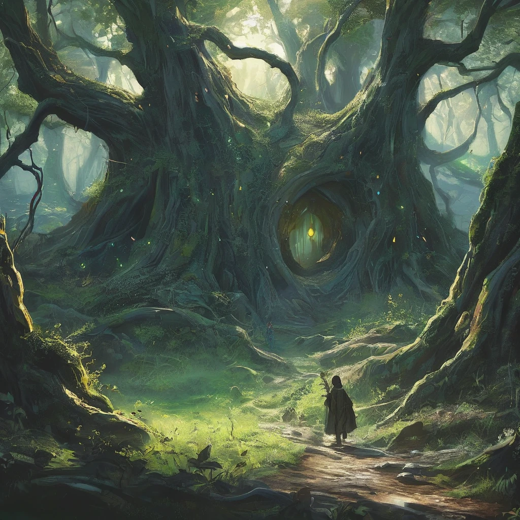 As twilight descends upon the ancient forest of Eldergrove, a young boy navigates the winding paths between towering oak trees and gnarled roots. His short, curly brown hair catches glimpses of fading sunlight filtering through the dense canopy above, casting dappled patterns on his weathered brown tunic and trousers.

The boy, a shepherd's son accustomed to the rhythm of life among the fields and pastures, now finds himself amidst the haunting quiet of the forest. His worn leather boots crunch softly on fallen leaves and moss-covered stones as he moves deeper into the realm where legends and whispers intertwine.

A wooden staff, carved with runes of protection and crowned with a polished amber stone, is clutched firmly in his hand—a gift from an old crone who spoke of ancient prophecies and the balance between light and shadow. Its weight serves as a reminder of the responsibility thrust upon him, though he may not yet understand its true significance.

Around him, the forest hums with unseen life and the faint echoes of distant howls, reminding him that Eldergrove is not merely a sanctuary for wildlife but a realm where spirits wander and mysteries thrive. Shadows lengthen as he ventures towards a clearing illuminated by the pale glow of moonlight, drawn by a faint whisper on the wind that promises answers to questions he has yet to voice.

In this world of dark medieval fantasy, where every step may lead to discovery or peril, the boy's journey into the heart of Eldergrove unfolds—a tale of innocence tested, alliances forged, and the awakening of powers that defy the boundaries between myth and reality