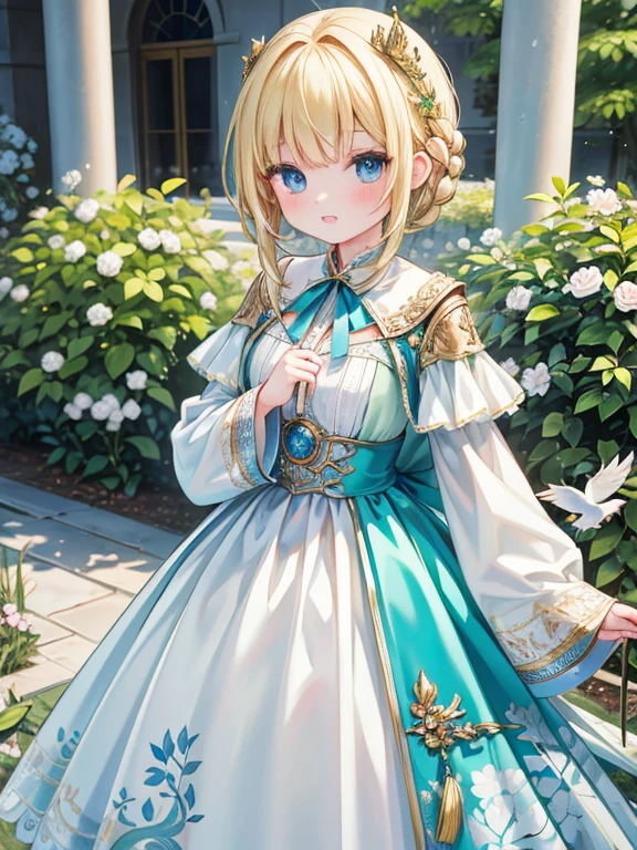 masterpiece, Highest quality, Very detailed, 16K, Ultra-high resolution, Cowboy Shot, Detailed face, Perfect Fingers, 1 female, 14 years old, blue eyes, blonde, Braiding, royal palace, garden, hjy, a green and white dress with a bird on it