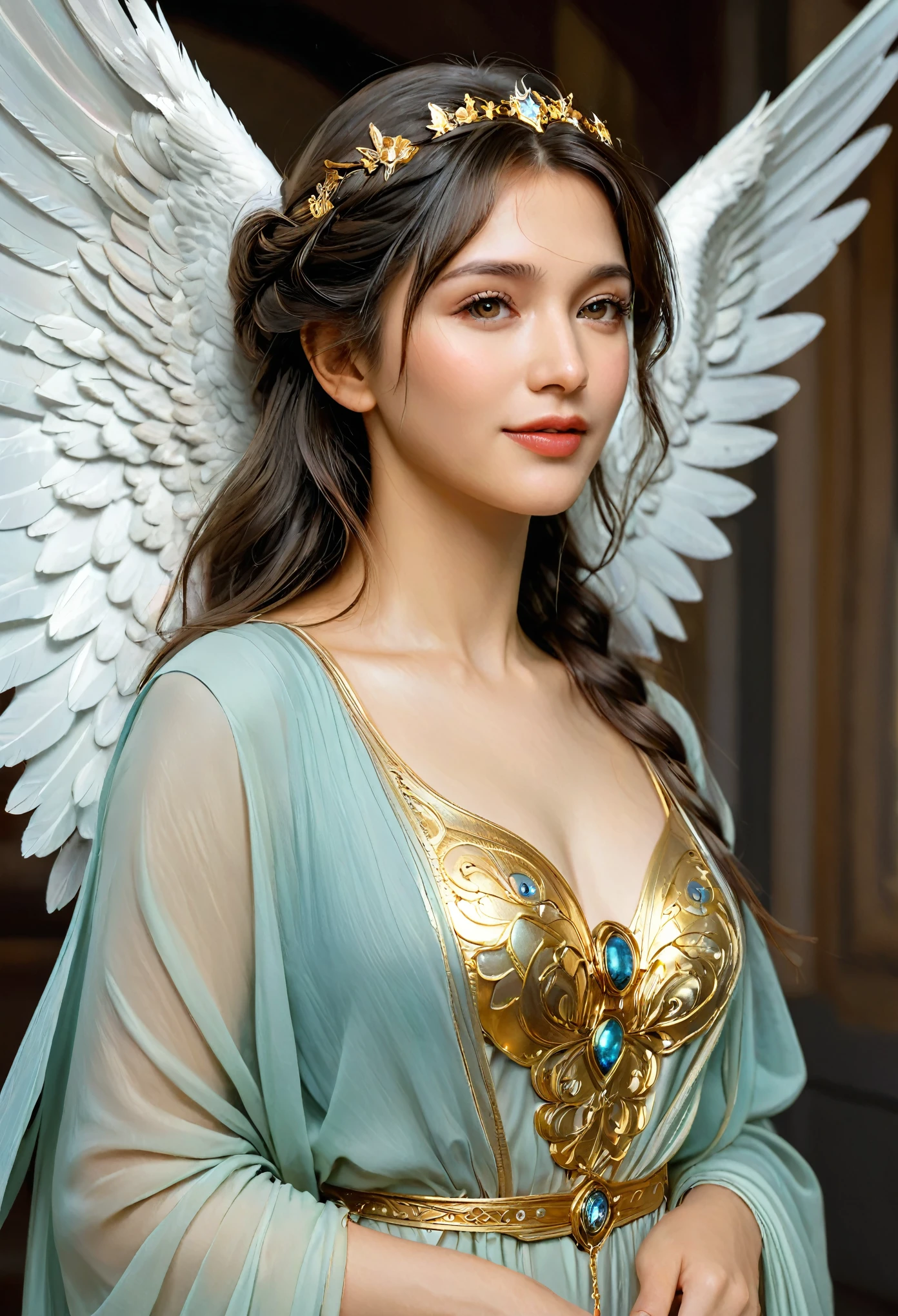 (best quality,4k,8k,highres,masterpiece:1.2), ultra-detailed, (realistic,photorealistic,photo-realistic:1.37),Close-up portrait of the most beautiful angel in the universe, D & D, face, Fantasy, complicated, elegant, Very detailed, Digital Painting, Art Station, Concept Art, Smooth, Sharp focus, figure, ArtJam, Greg Rutkowski, Art by Alphonse Mucha, sexy, golden eyes, (winking at viewers:1.5)