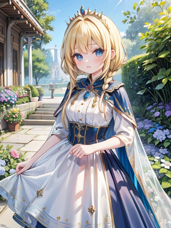 masterpiece, Highest quality, Very detailed, 16K, Ultra-high resolution, Cowboy Shot, Detailed face, Perfect Fingers, 1 female, 14 years old, blue eyes, blonde, Braiding, royal palace, garden, hjy, a dress with a long train and a cape
