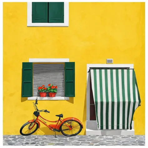 masterpiece, ultra detailed, beautiful, distinct, best aesthetic, super fine illustration, vibrant yellow wall, green shutters, ...