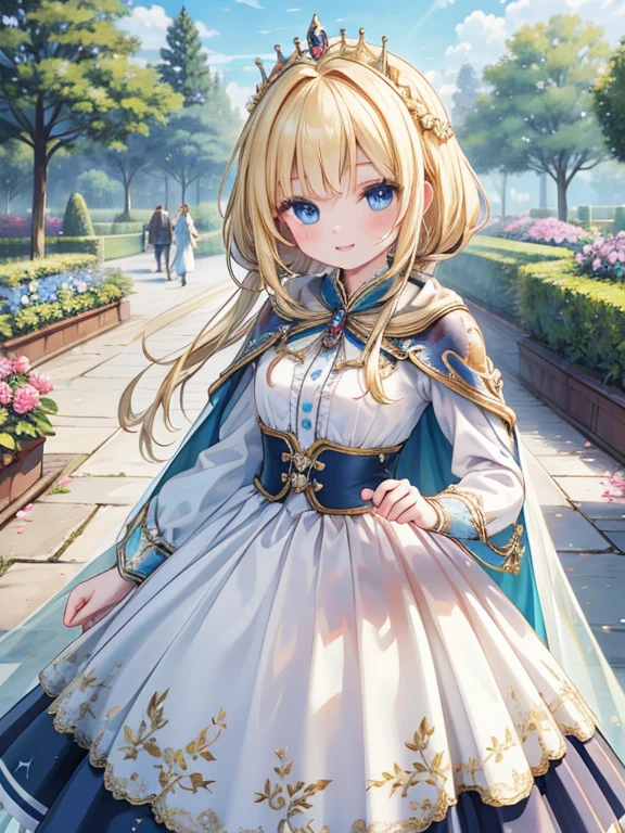 masterpiece, Highest quality, Very detailed, 16K, Ultra-high resolution, Cowboy Shot, Detailed face, Perfect Fingers, 1 female, 14 years old, blue eyes, blonde, Braiding, smile, royal palace, garden, hjy, a dress with a long train and a cape