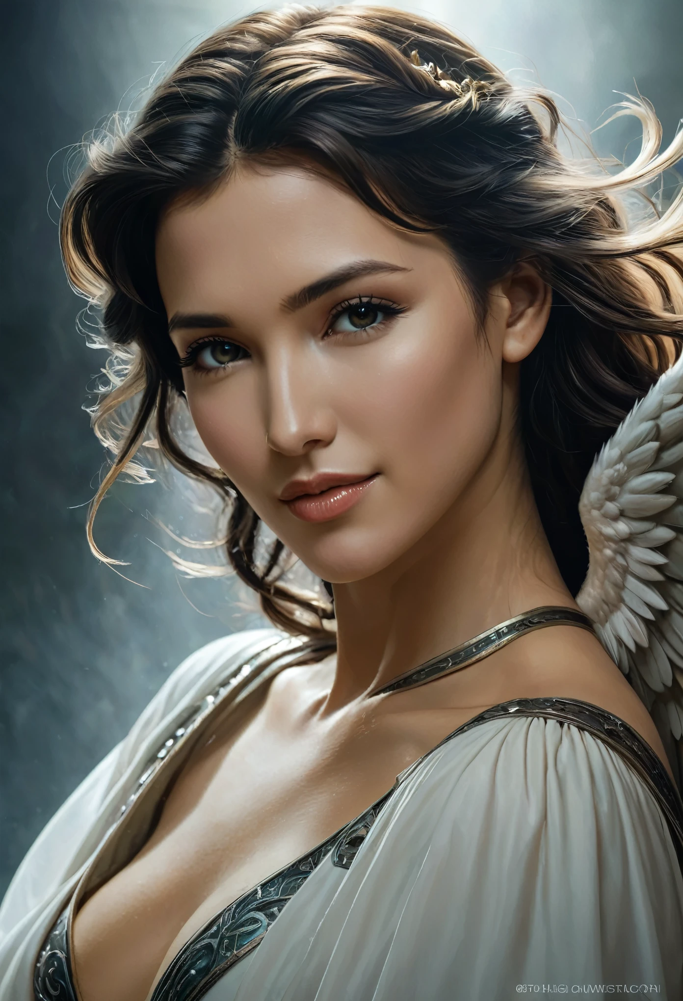 (best quality,4k,8k,highres,masterpiece:1.2), ultra-detailed, (realistic,photorealistic,photo-realistic:1.37),Close-up portrait of the most beautiful angel in the universe, D & D, face, Fantasy, complicated, elegant, Very detailed, Digital Painting, Art Station, Concept Art, Smooth, Sharp focus, figure, ArtJam, Greg Rutkowski, Art by Alphonse Mucha, sexy, jet black eyes, (winking at viewers:1.5)