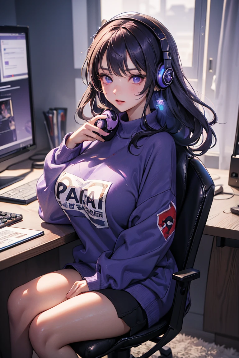 (8k, photo and gross, Best Quality, Masterpiece:1.2), (realist, photo-realist:1.37),1 girl, Shogun Raid, purple sweatshirt, big breasts, gamer room, sitting at a desk with a gamer pc, gaming headphones