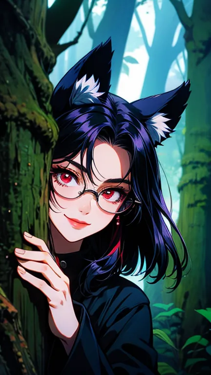 high quality、girl、Animal Ears、Glasses、Black Hair、Black coat、Red Eyes、Dark circles under the eyes、Awkward smile、in the forest、
