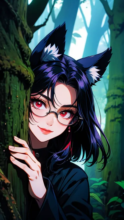 high quality、girl、animal ears、glasses、black hair、black coat、red eyes、dark circles under the eyes、awkward smile、in the forest、