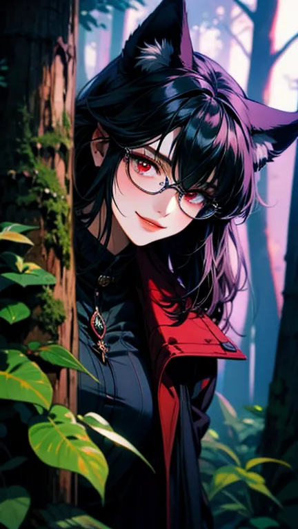 high quality、girl、animal ears、glasses、black hair、black coat、red eyes、dark circles under the eyes、awkward smile、in the forest、