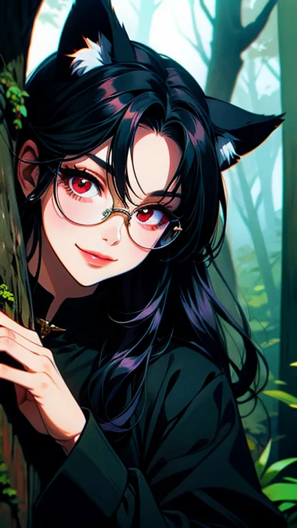 high quality、girl、animal ears、glasses、black hair、black coat、red eyes、dark circles under the eyes、awkward smile、in the forest、