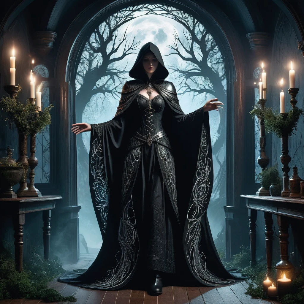 In the quiet enchanted forest, a figure stands silhouetted against the flickering light of a hearth fire. Her hair, a cascade of pure white that contrasts starkly against her dark attire, falls in waves down her back.

Dressed in a fitted black tunic adorned with intricate patterns of silver thread and leather straps, she wears practical trousers tucked into sturdy boots that have treaded many paths. Over her shoulder hangs a cloak, its deep midnight hue blending seamlessly with the shadows that dance along the walls.

The cottage, with its rough-hewn wooden beams and shelves filled with ancient tomes and mysterious artifacts, speaks of a life steeped in arcane knowledge and hidden lore. The air is heavy with the scent of herbs and potions brewed to ward off malevolent spirits that haunt the nearby woods.

Outside, the moon casts a pale glow through the lattice window, illuminating the herbs drying from the rafters and casting elongated shadows across the worn wooden floor. Every corner of the cottage whispers of secrets and spells, each carefully guarded against the darkness that threatens to encroach upon this haven.

In this realm of dark medieval fantasy, where magic and danger lurk just beyond the threshold, she stands as a sentinel—a keeper of ancient wisdom and protector of the fragile balance between light and shadow."