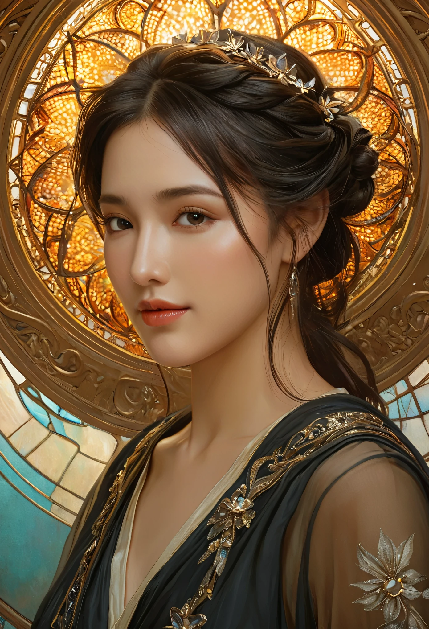 (best quality,4k,8k,highres,masterpiece:1.2), ultra-detailed, (realistic,photorealistic,photo-realistic:1.37),Close-up portrait of the most beautiful angel in the universe, D & D, face, Fantasy, complicated, elegant, Very detailed, Digital Painting, Art Station, Concept Art, Smooth, Sharp focus, figure, ArtJam, Greg Rutkowski, Art by Alphonse Mucha, sexy, jet black eyes, (winking at viewers:1.5)