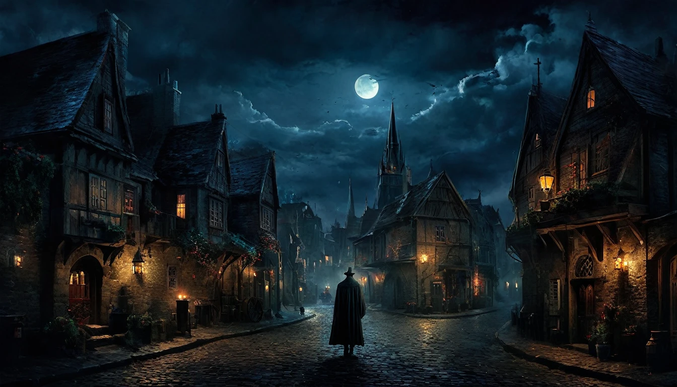 town, dark night, dim, 4k, Movie Poster, (wallpaper:1.2), fantasy, Oil painting, digital art, atmospheric and ethereal, digital painting, masterpiece