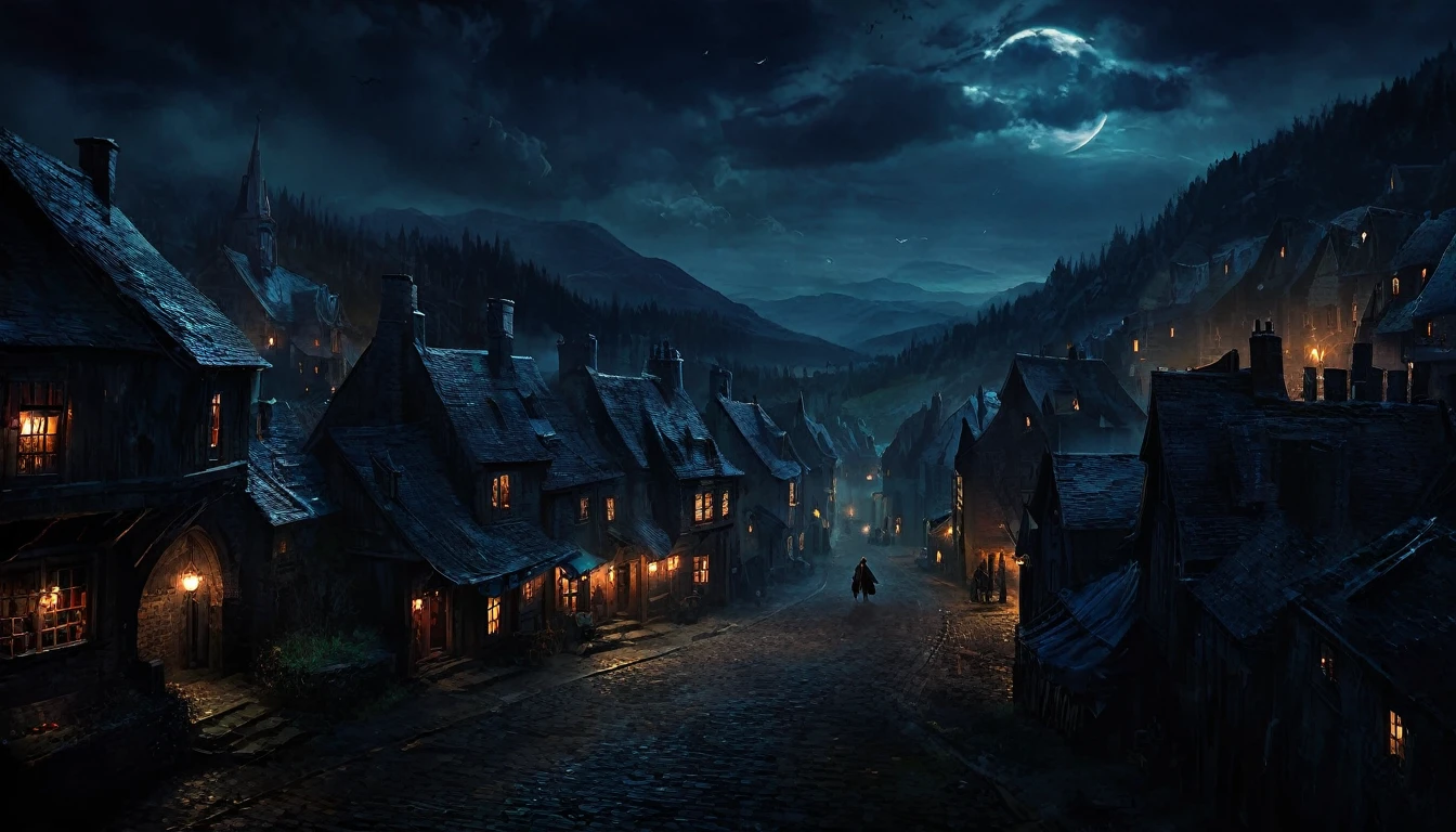 town, dark night, dim, 4k, Movie Poster, (wallpaper:1.2), fantasy, Oil painting, digital art, atmospheric and ethereal, digital painting, masterpiece