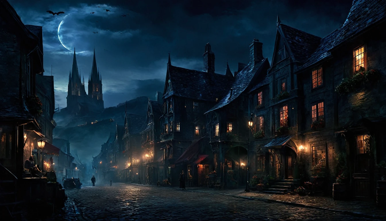 town, dark night, dim, 4k, Movie Poster, (wallpaper:1.2), fantasy, Oil painting, digital art, atmospheric and ethereal, digital painting, masterpiece