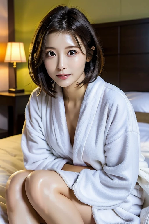 ((Highest quality)), ((masterpiece)), (detailed),female、Japanese、28 years old、((Wearing a white bathrobe))、Hotel Rooms、short hair、Bob Hair、Light Brown Hair、((On the bed))、(After sex)、((I am satisfied))、((Calm expression))、((sleepy))、Moments of Happiness、((Downcast face))、(Wet Hair)、