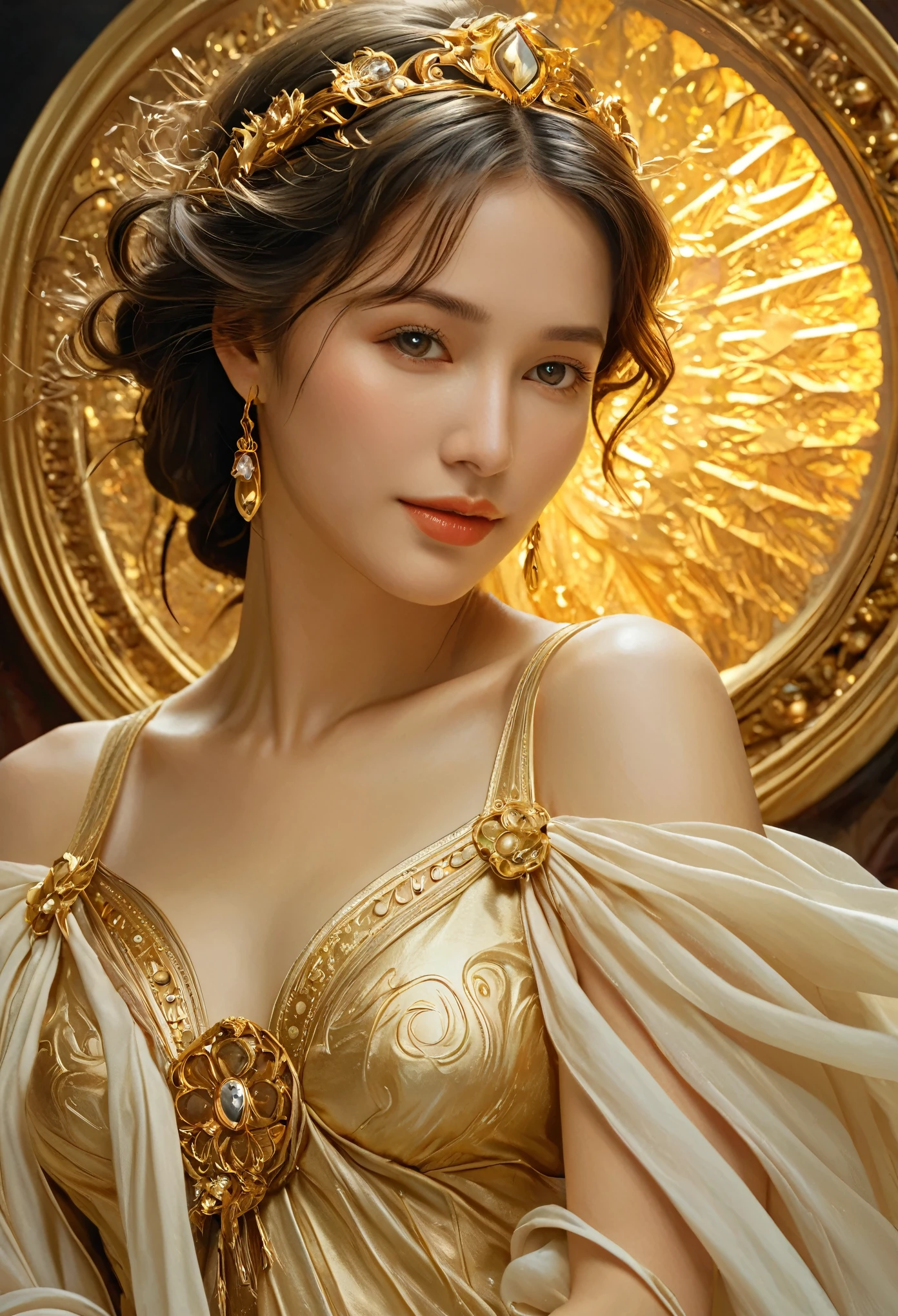 (best quality,4k,8k,highres,masterpiece:1.2), ultra-detailed, (realistic,photorealistic,photo-realistic:1.37),Close-up portrait of the most beautiful angel in the universe, D & D, face, Fantasy, complicated, elegant, Very detailed, Digital Painting, Art Station, Concept Art, Smooth, Sharp focus, figure, ArtJam, Greg Rutkowski, Art by Alphonse Mucha, sexy, golden eyes, (winking at viewers:1.5)