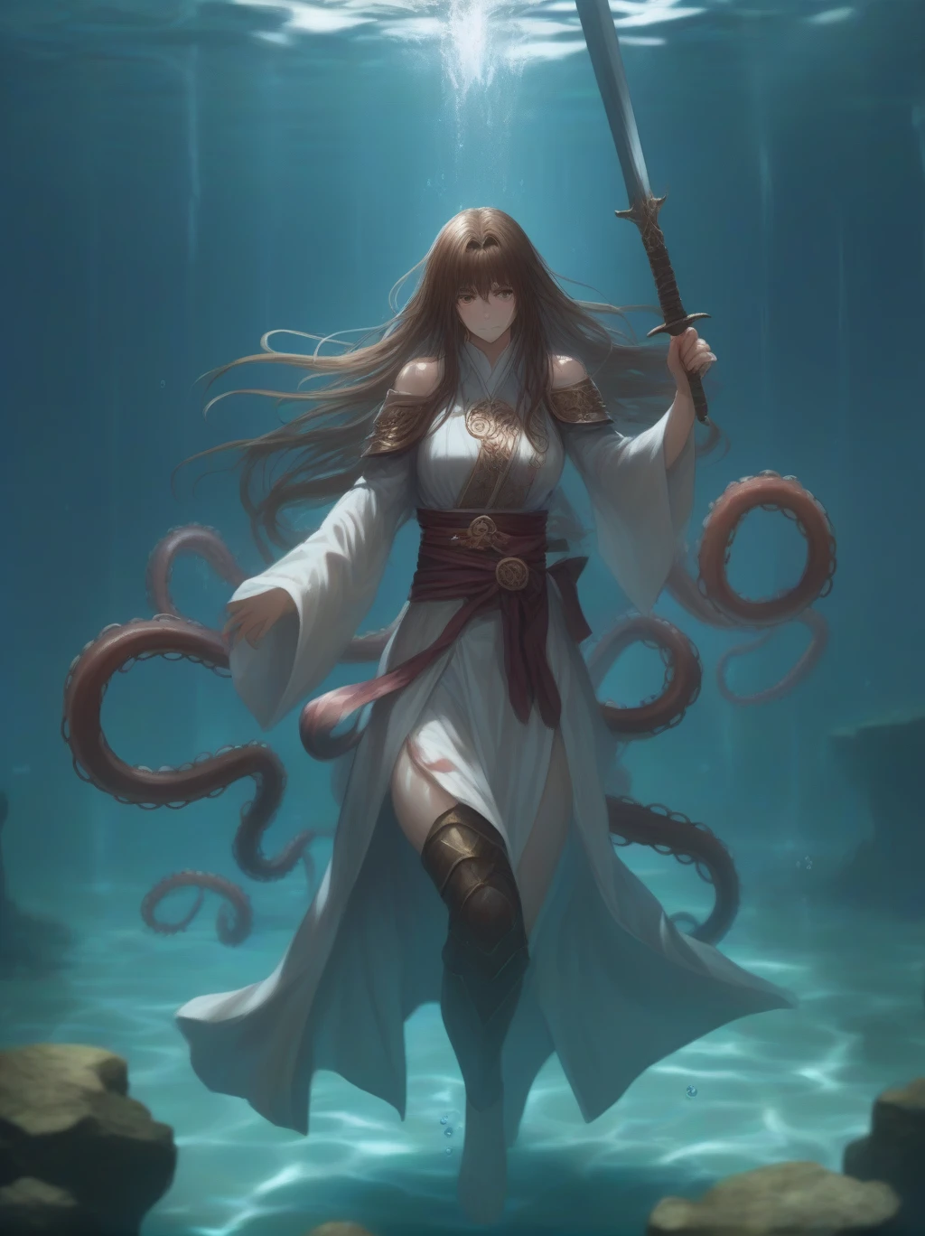 Partially underwater,最high quality,high quality, , Long Hair, Brown Hair, Wet Hair, Flat Chest,Dark underground labyrinth,No light,Cloth armor,Equipped with a dagger and a shield,Face above water,Body in water, Underwater Photography,The robe rolls up due to buoyancy,Painful face、My leg is pulled by tentacles、Being dragged into the water、Go wild