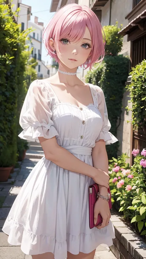 alcanevi, a woman with medium-short pink hair wearing a white dress, woman&#39;s face, unreal engine character art, portraiture