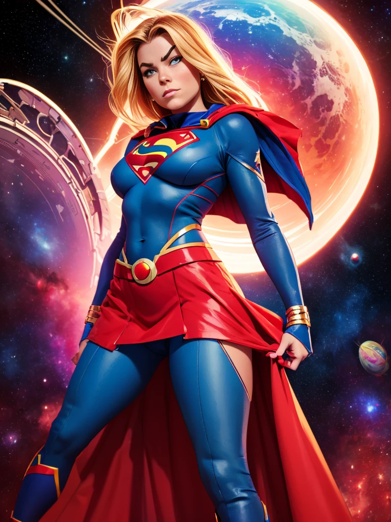 (((COMIC STYLE, CARTOON ART))). ((1 girl)), lonly, solo, A comic-style image of Supergirl a Hot hero Girl, with her as the central figure. She wears a traditional Supergirl blue and red outfit, red little skirt, (((Milly Alcock face))) . ((Hot slim body). (((Cinematic cosmic space background))) . She has a strong and courageous expression, as if she is ready to fight evil.