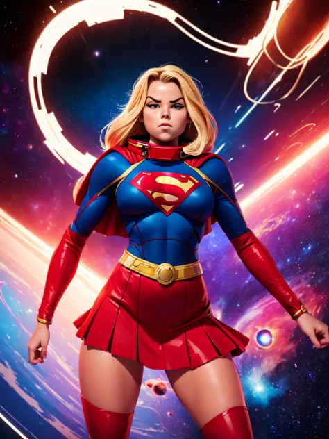 (((COMIC STYLE, CARTOON ART))). ((1 girl)), lonly, solo, A comic-style image of Supergirl a Hot hero Girl, with her as the centr...