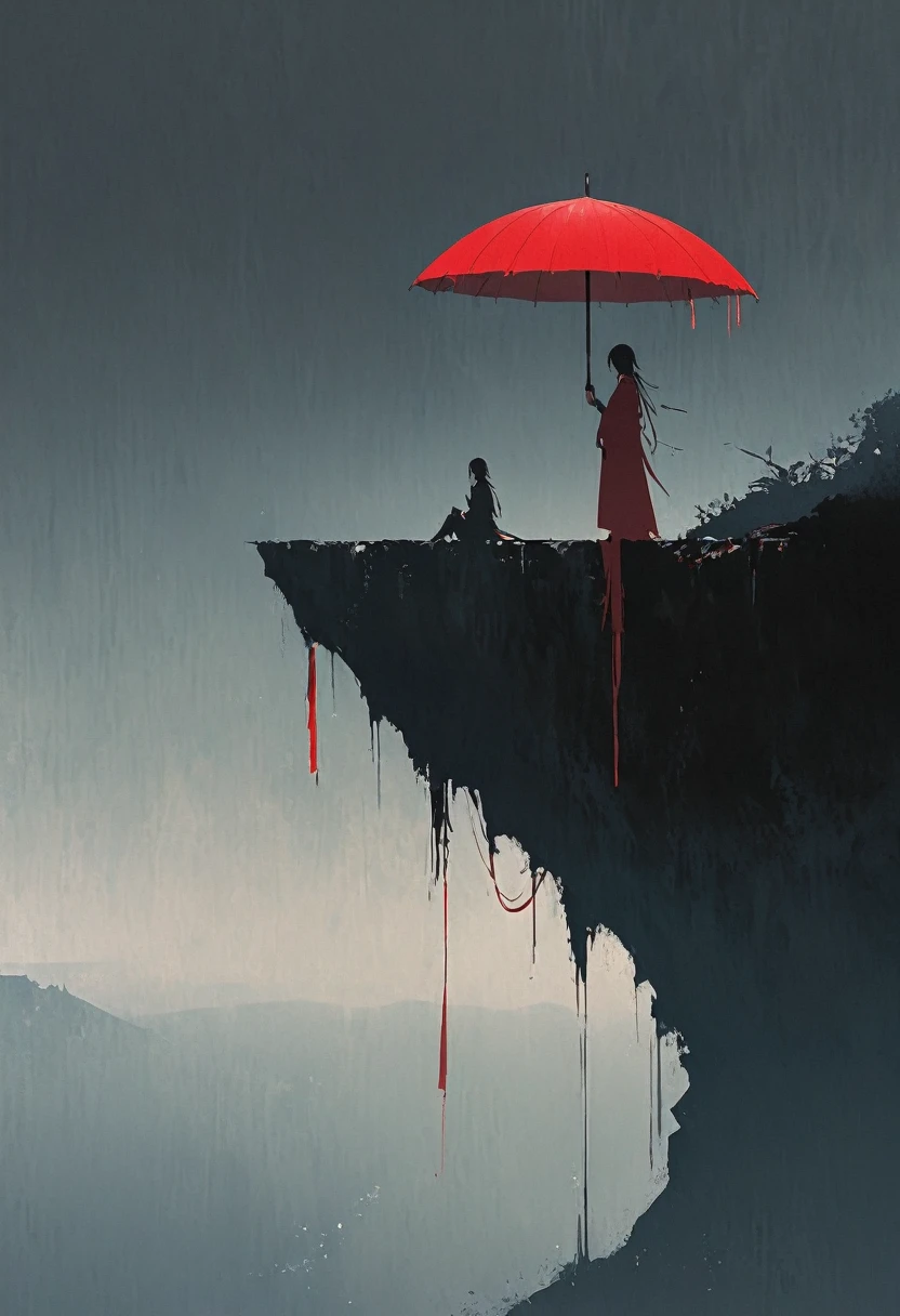 简单一点,极简插画, 1 把红伞悬在空中,雨伞上的流苏,在悬崖边,桥