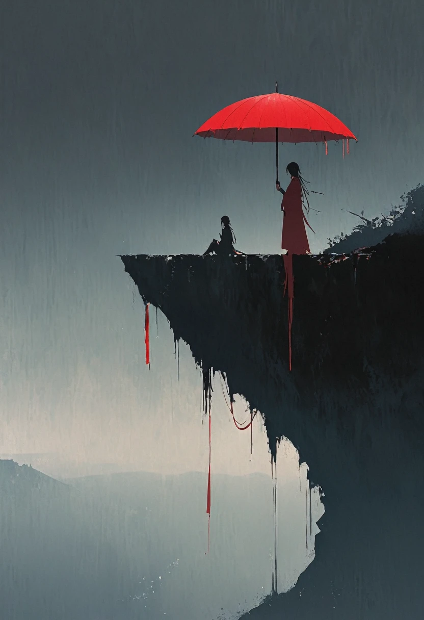 Un simple,Illustration minimaliste, 1 parapluie rouge suspendu dans les airs,Glands sur les parapluies,au bord d&#39;une falaise,pont