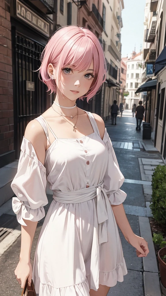 Alcanevi, A woman with medium-short pink hair wearing a white dress, Woman&#39;s face, Unreal Engine Character Art, Portraiture、posing