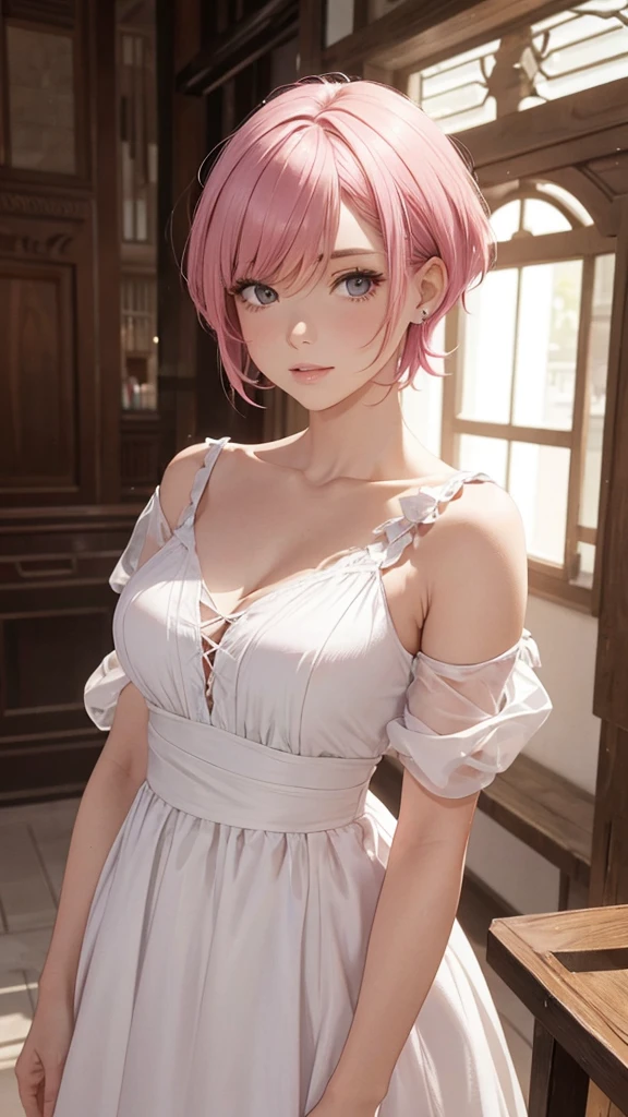 Alcanevi, A woman with medium-short pink hair wearing a white dress, Woman&#39;s face, Unreal Engine Character Art, Portraiture、posing