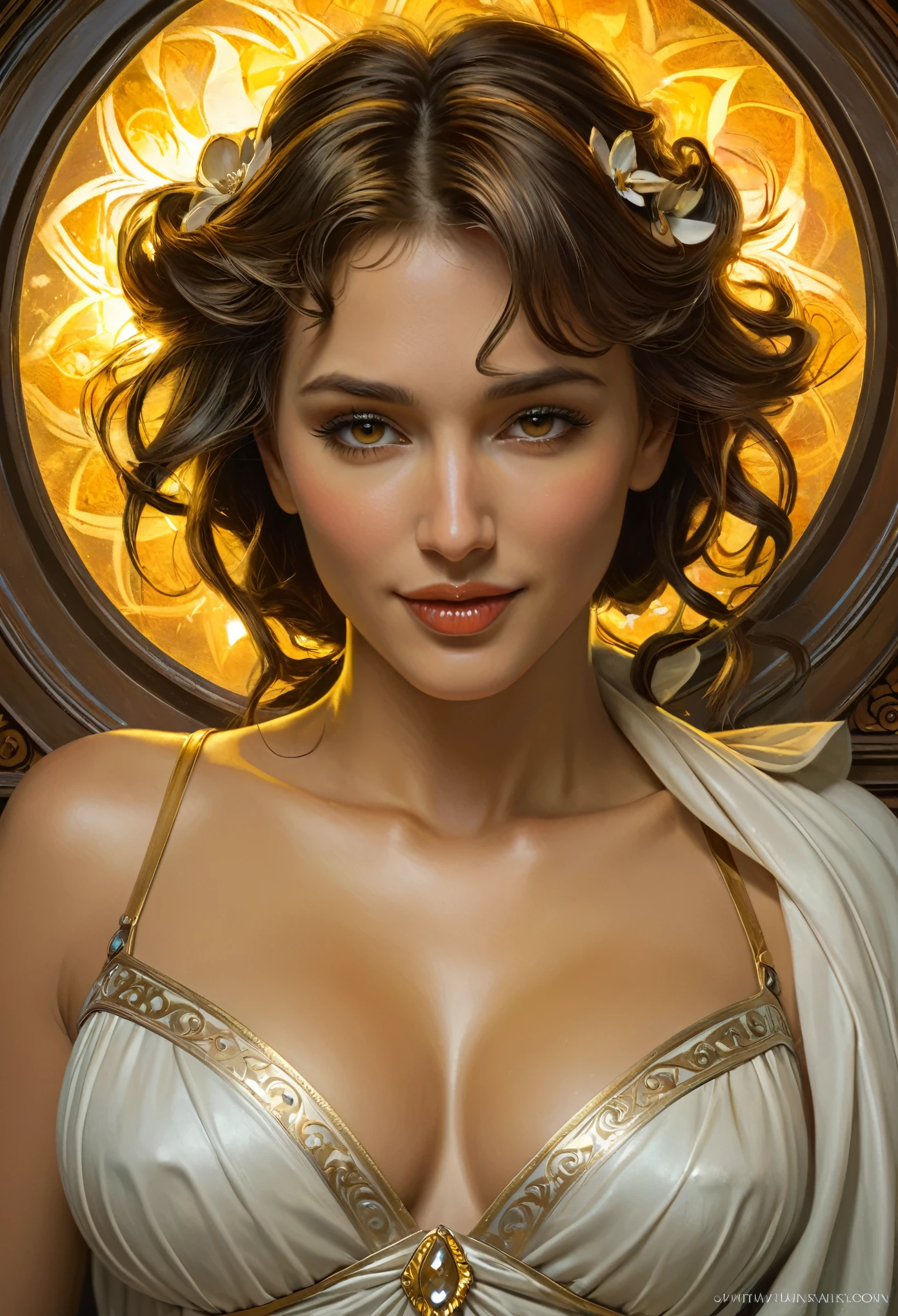 (best quality,4k,8k,highres,masterpiece:1.2), ultra-detailed, (realistic,photorealistic,photo-realistic:1.37),Close-up portrait of the most beautiful angel in the universe, D & D, face, Fantasy, complicated, elegant, Very detailed, Digital Painting, Art Station, Concept Art, Smooth, Sharp focus, figure, ArtJam, Greg Rutkowski, Art by Alphonse Mucha, sexy, golden eyes, (winking at viewers:1.5), Surrounded by a mysterious aura