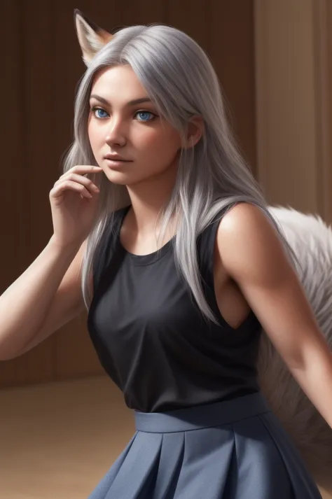 long silver hair, blue eyes, skirt and a black top,((fur, fox snout, fox girl,)), ((((human))),(((super realistic, realistic, ph...