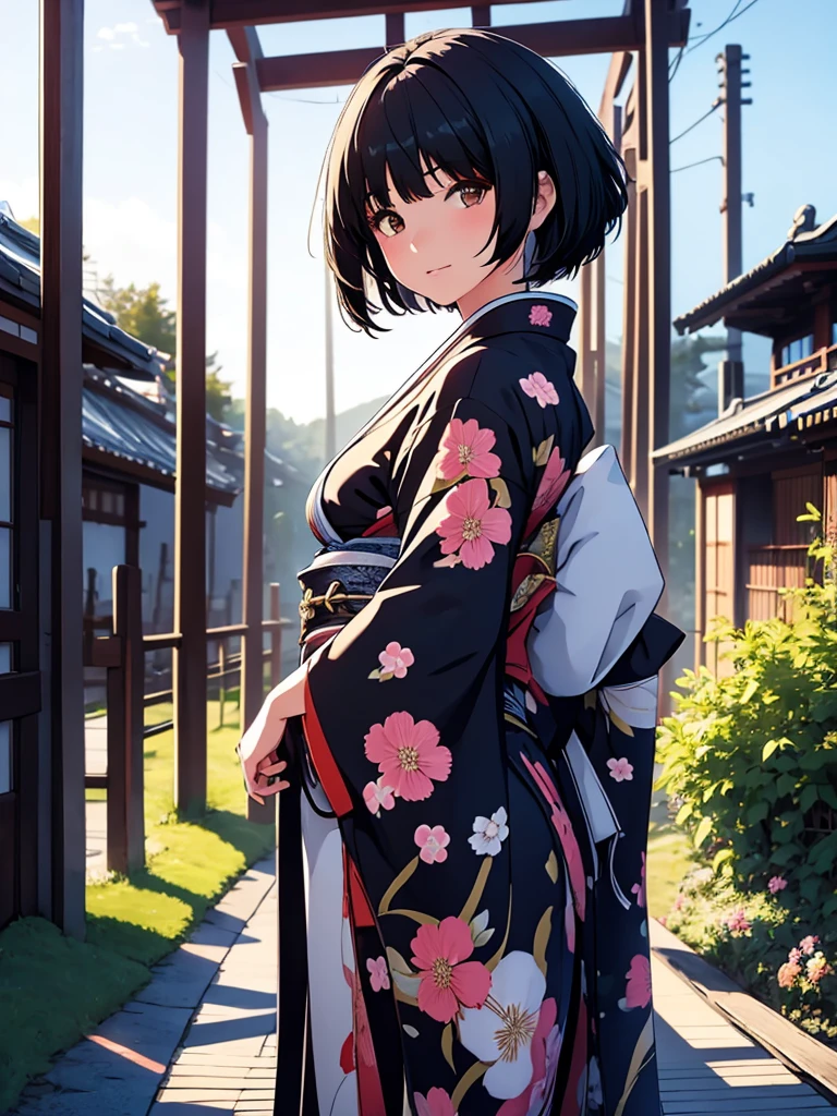 1girl, wearing a beautiful long kimono, at a japan village, black short hair, 8k, high detailed, high quality
