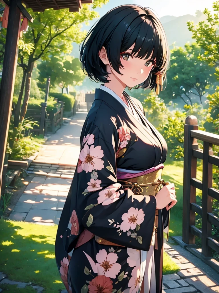 1girl, wearing a beautiful long kimono, at a japan village, black short hair, 8k, high detailed, high quality
